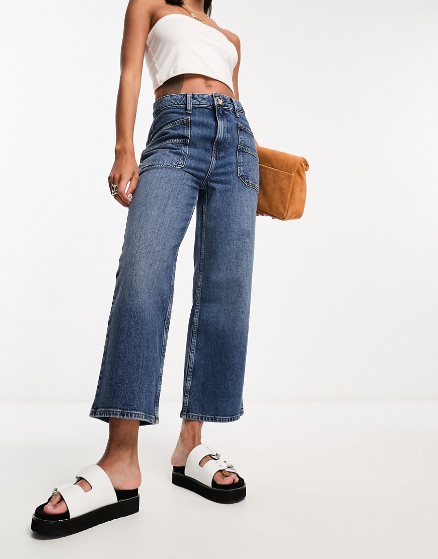 River Island cropped wide leg jean in mid blue wash