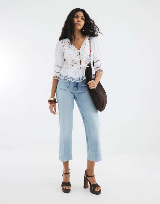 River Island Cropped wide leg jeans in denim - light