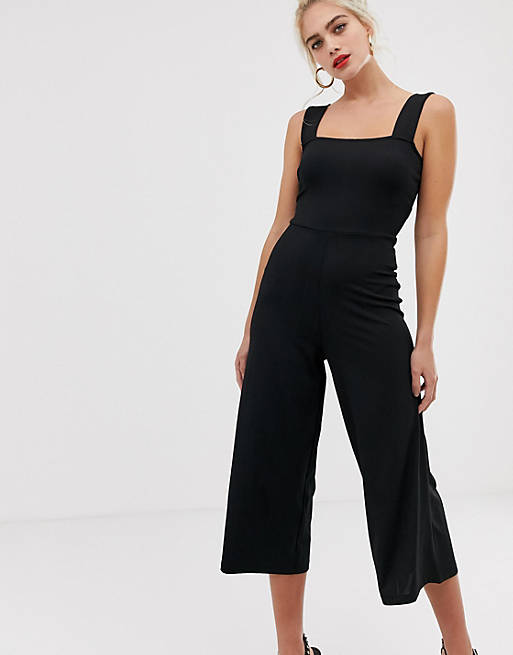 River Island cropped wide leg jumpsuit with square neck in black