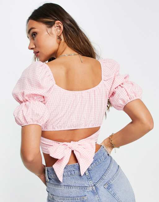 River Island - Croptop med pufærmer og bindebånd bagpå i lyserød gingham, 2 af 4