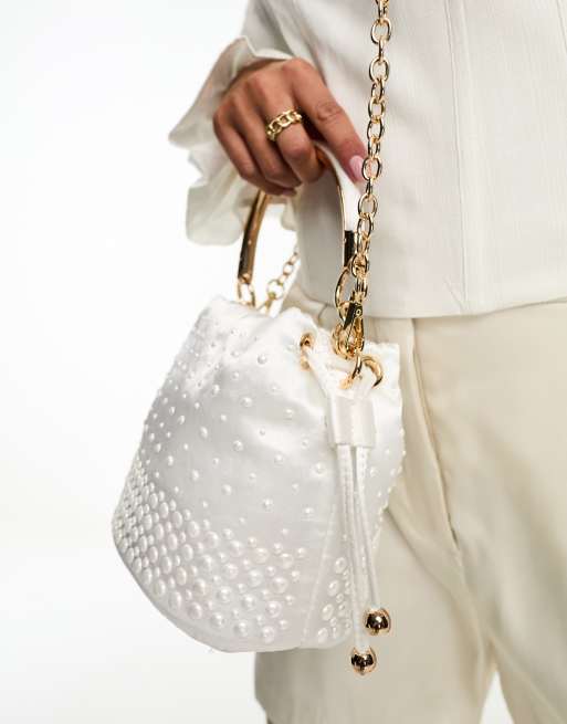 River Island cross body bucket bag with pearl detail in white ASOS