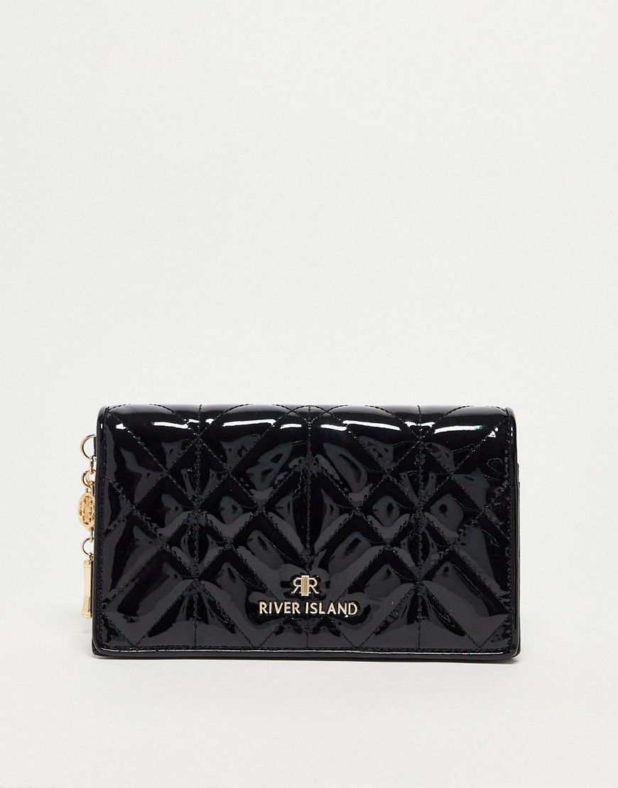River Island Cross Quilted Purse In Black Patent