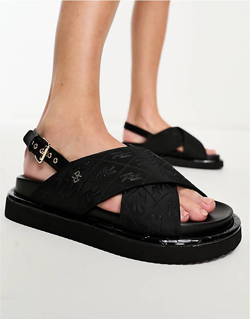River Island cross strap branded sandal in black | ASOS