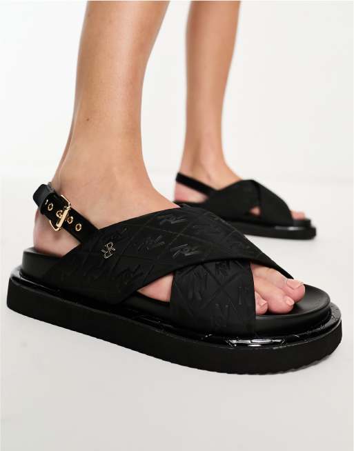 River Island cross strap branded sandal in black | ASOS