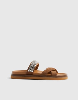  Cross strap diamante sandals in beige