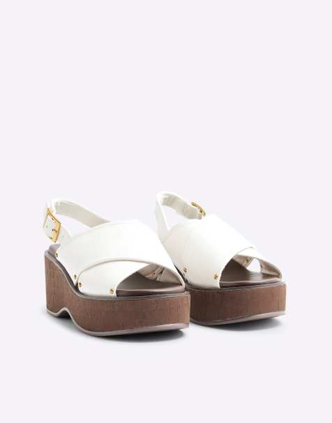 River Island Cross strap sling back wedge sandals in white - view 1