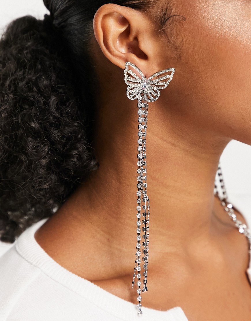 River Island crystal butterfly drop earrings in silver tone