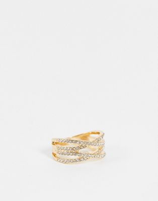 River Island crystal crossover ring in gold tone