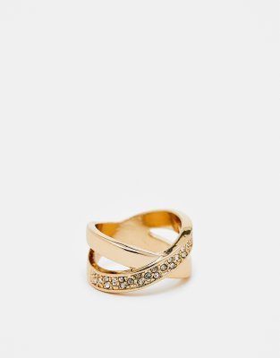 River Island Crystal Crossover Ring In Gold