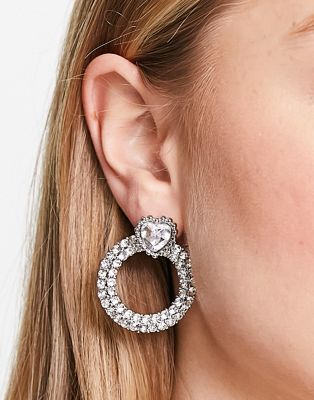 River Island crystal heart open circle drop earrings in silver