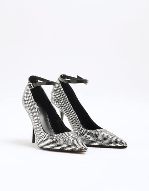 River Island crystal heeled court shoe in black - view 1