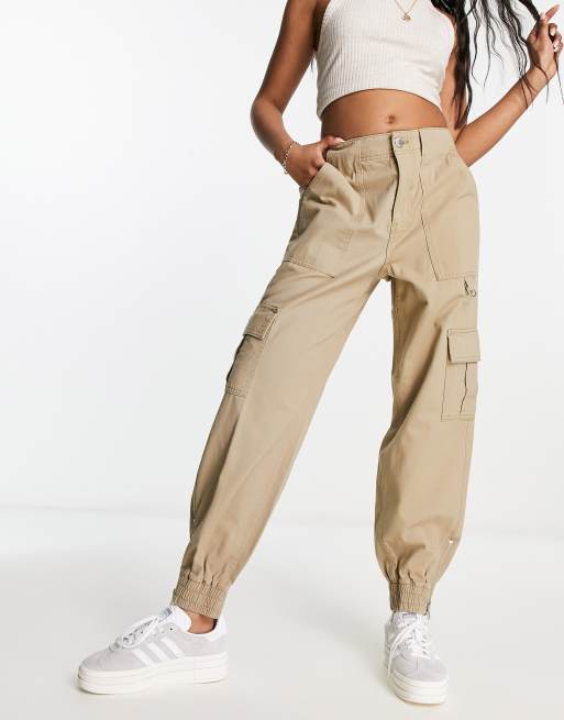 River Island cuffed cargo pants with zip detail in beige