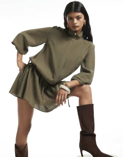 River Island Cupro funnel neck mini dress in khaki, 3 of 4