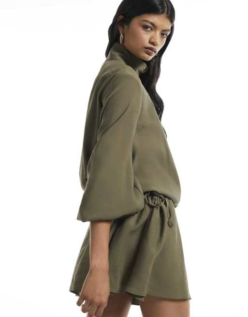 River Island Cupro funnel neck mini dress in khaki, 4 of 4