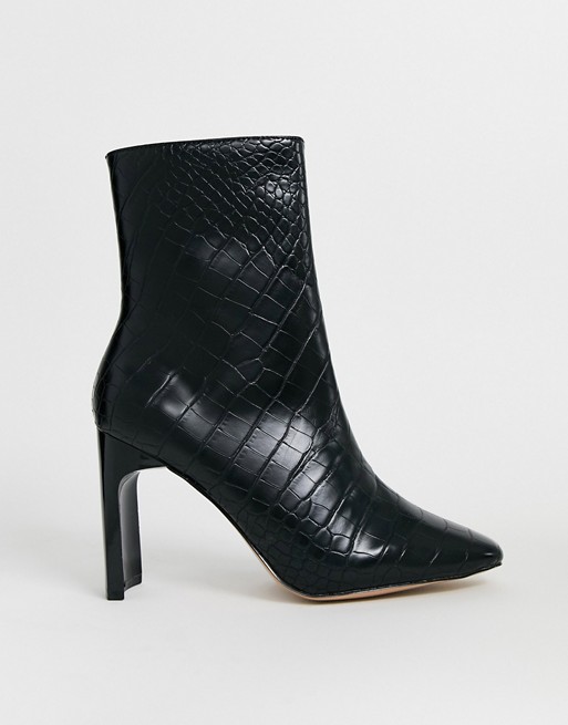 River Island curved heel ankle boot in black croc | ASOS