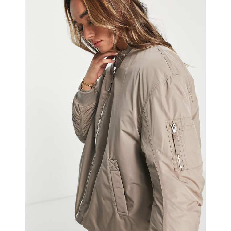 River Island curved hem bomber jacket in light brown