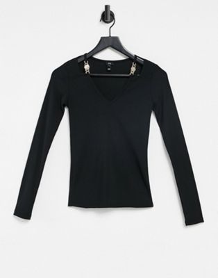 River Island cut out hardware v neck top in black