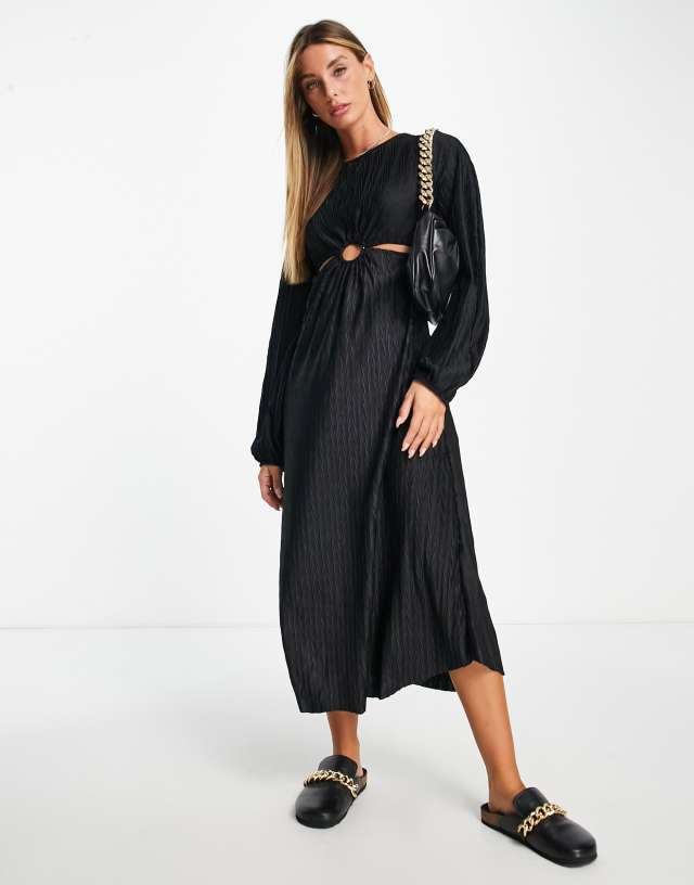 River Island cut-out waist textured midi dress in black