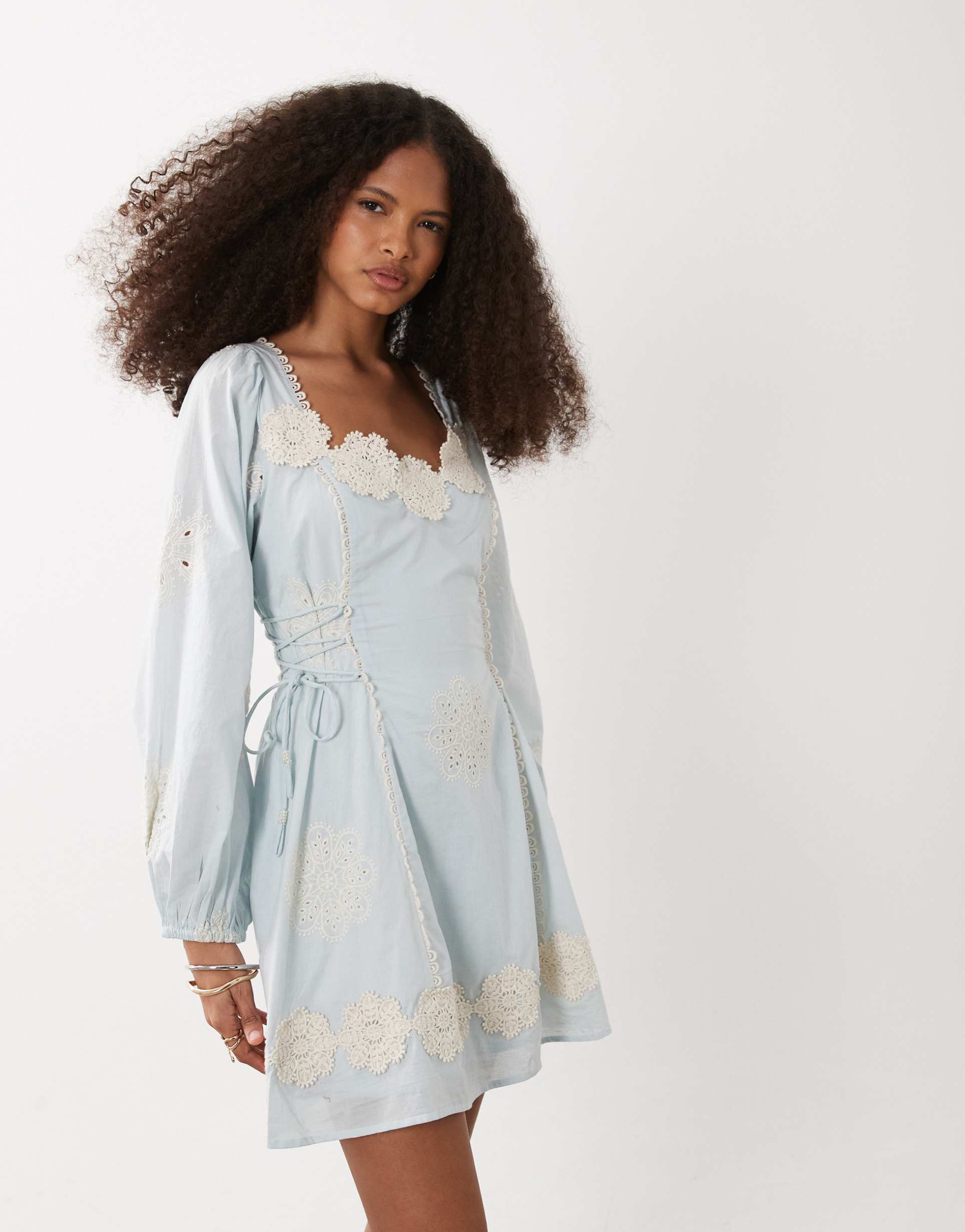 river island cutwork daisy mini dress in light blue