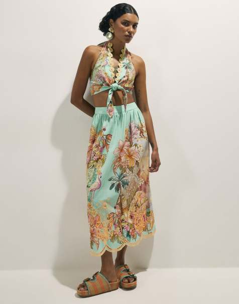 River Island Cutwork midi skirt in green