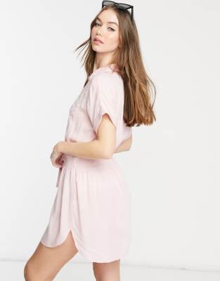 River Island cutwork mini beach shirt dress in pink | ASOS