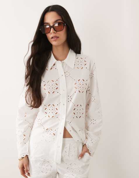 River Island cutwork poplin shirt co-ord in white - view 1