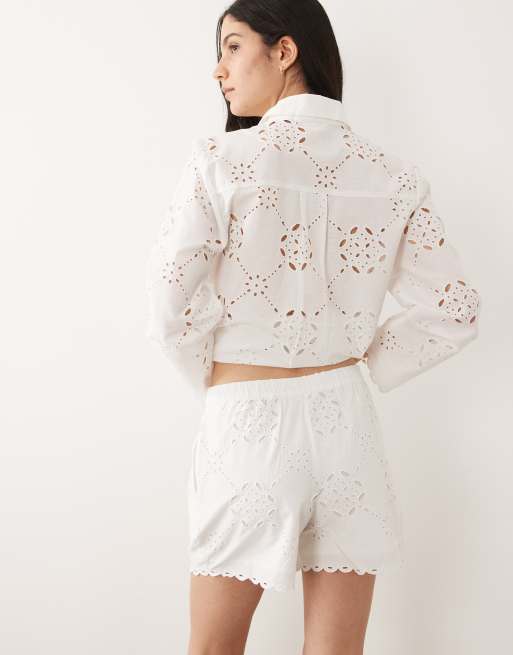 River Island cutwork poplin short co-ord in white, 3 of 5