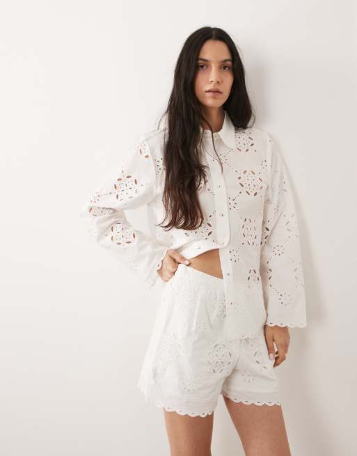 River Island cutwork poplin short co-ord in white, 4 of 5