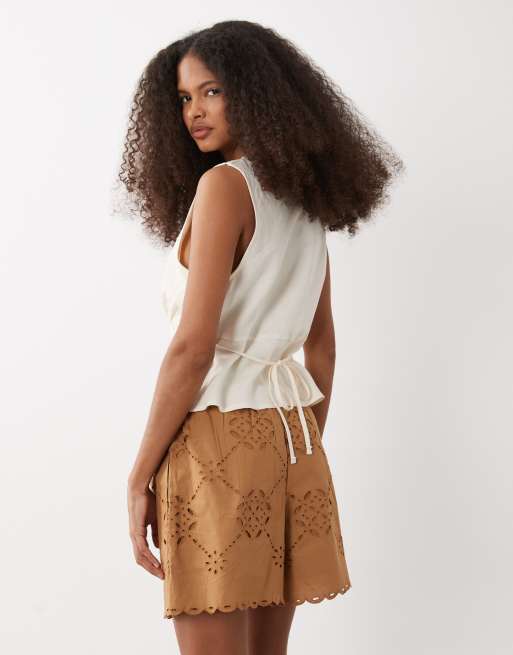 River Island cutwork poplin shorts in brown, 5 of 5