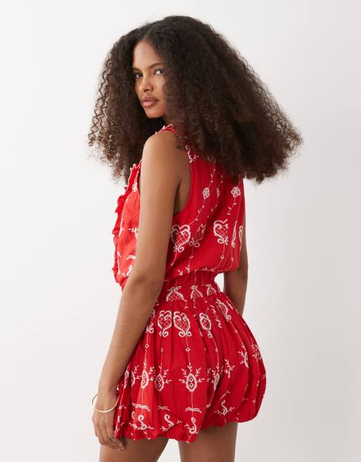 River Island cutwork ruffle playsuit in red, 4 of 4