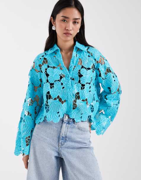 River Island cutwork sequin shirt co-ord in blue - view 1