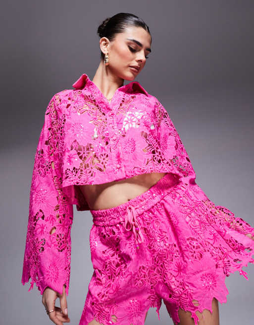 River Island cutwork sequin shirt co-ord in pink