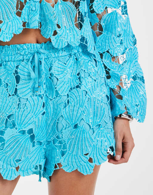 River Island cutwork sequin short co-ord in blue, 2 of 5