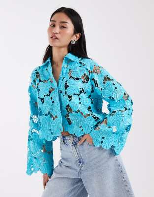 River Island cutwork sequined shirt in blue - part of a set