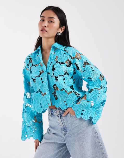 River Island cutwork sequined shirt in blue - part of a set - view 1
