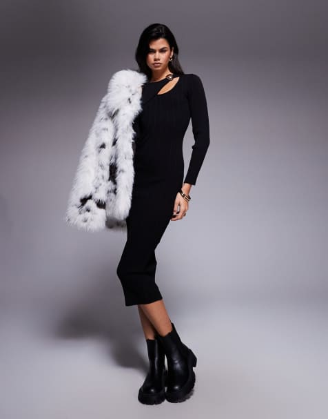 River Island – Czarna dzianinowa sukienka midi z wycięciem - view 1