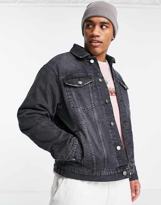 River Island – Czarna jeansowa kurtka o pudełkowym kroju z polarową podszewką