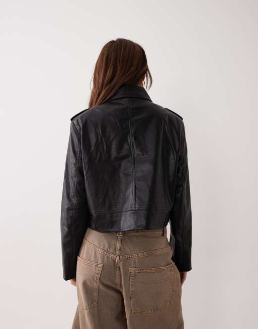River Island – Czarna, krótka kurtka typu biker z paskiem, 3 z 4
