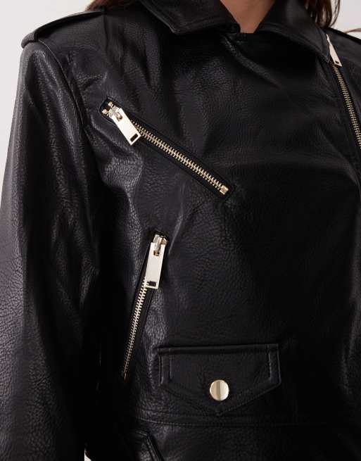 River Island – Czarna, krótka kurtka typu biker z paskiem, 4 z 4