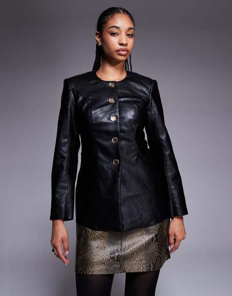 River Island faux leather collarless jacket with gold buttons in black