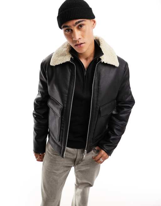 River Island – Czarna kurtka typu aviator z imitacji skóry