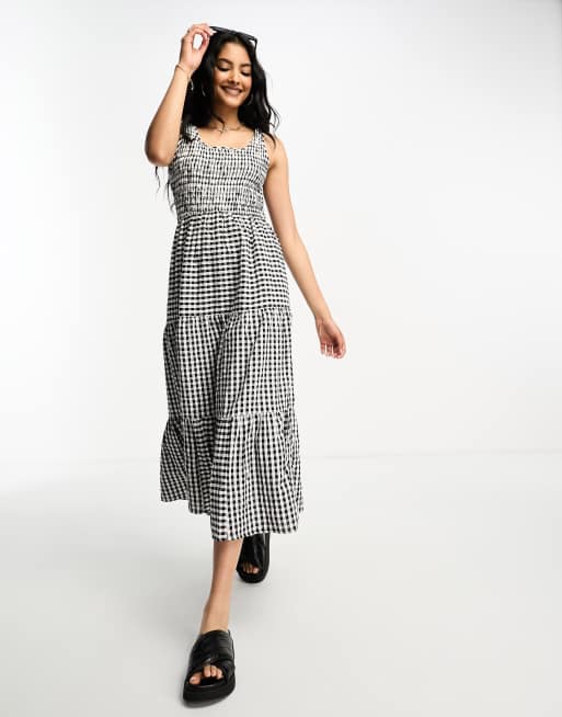 River Island – Czarna luźna sukienka midi w kratkę vichy