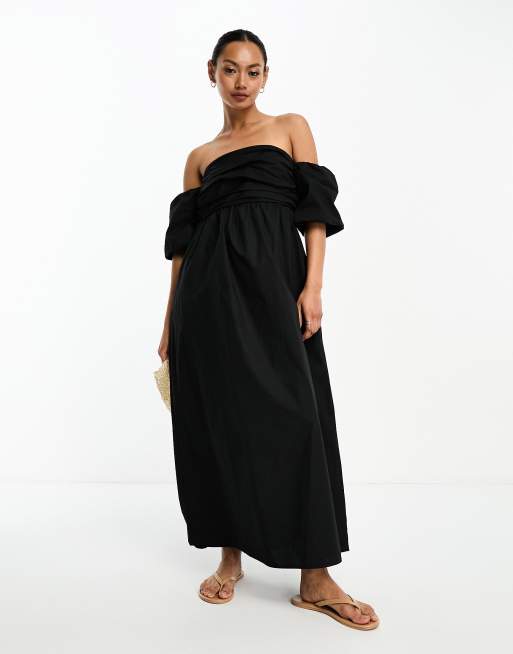 River Island – Czarna popelinowa sukienka z marszczeniem na biuście i dekoltem bardot