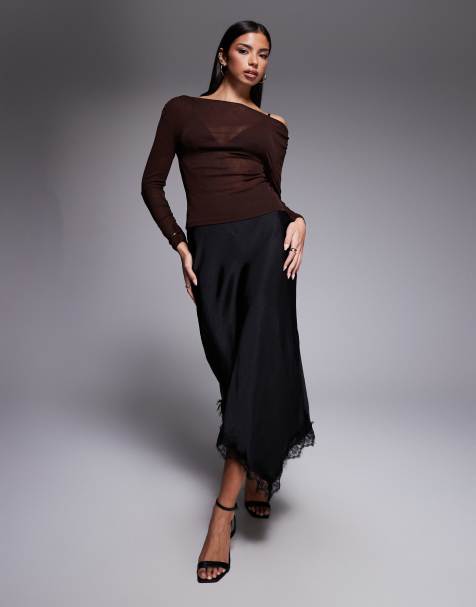 River Island – Czarna satynowa spódnica z koronką - view 1