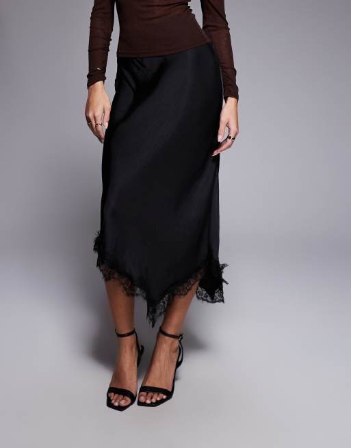 River Island – Czarna satynowa spódnica z koronką, 3 z 5