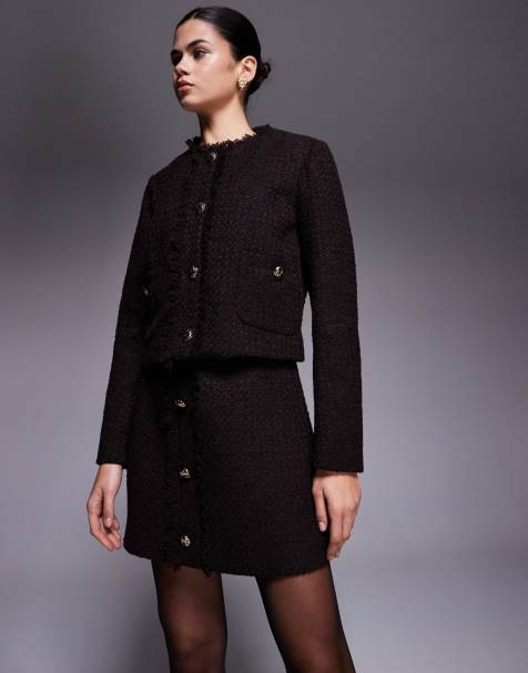 River Island – Czarna spódnica mini z tkaniny boucle z guzikami z przodu - view 1