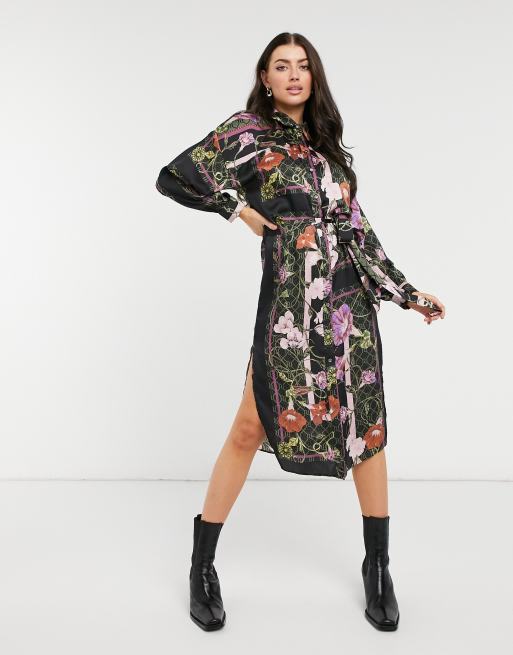 River Island – Czarna sukienka koszulowa mini z nadrukiem apaszki