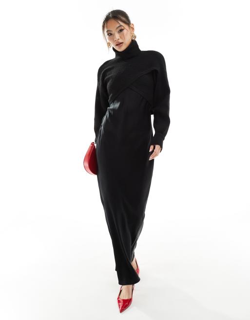 River Island – Czarna sukienka maxi z łączonych tkanin z satyną