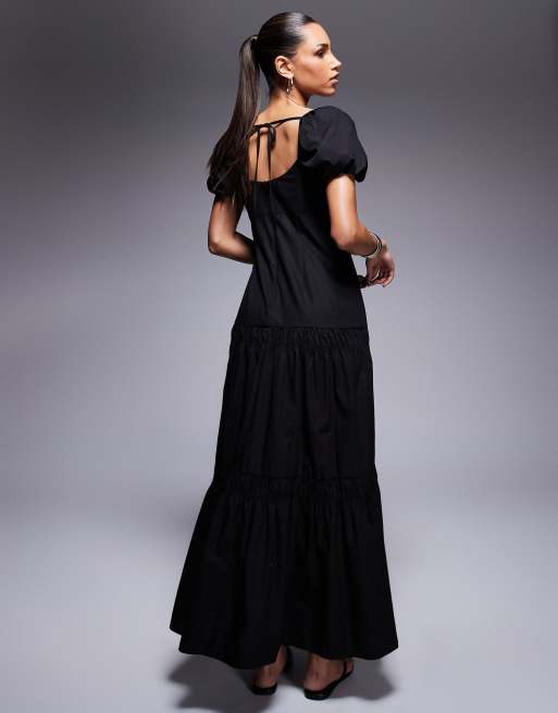 River Island – Czarna sukienka midi typu milkmaid z bufkami, 4 z 4