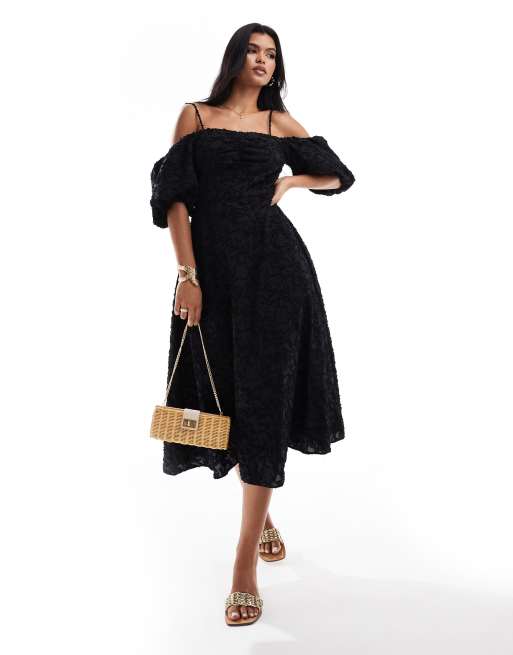 River Island – Czarna sukienka midi z bufkami